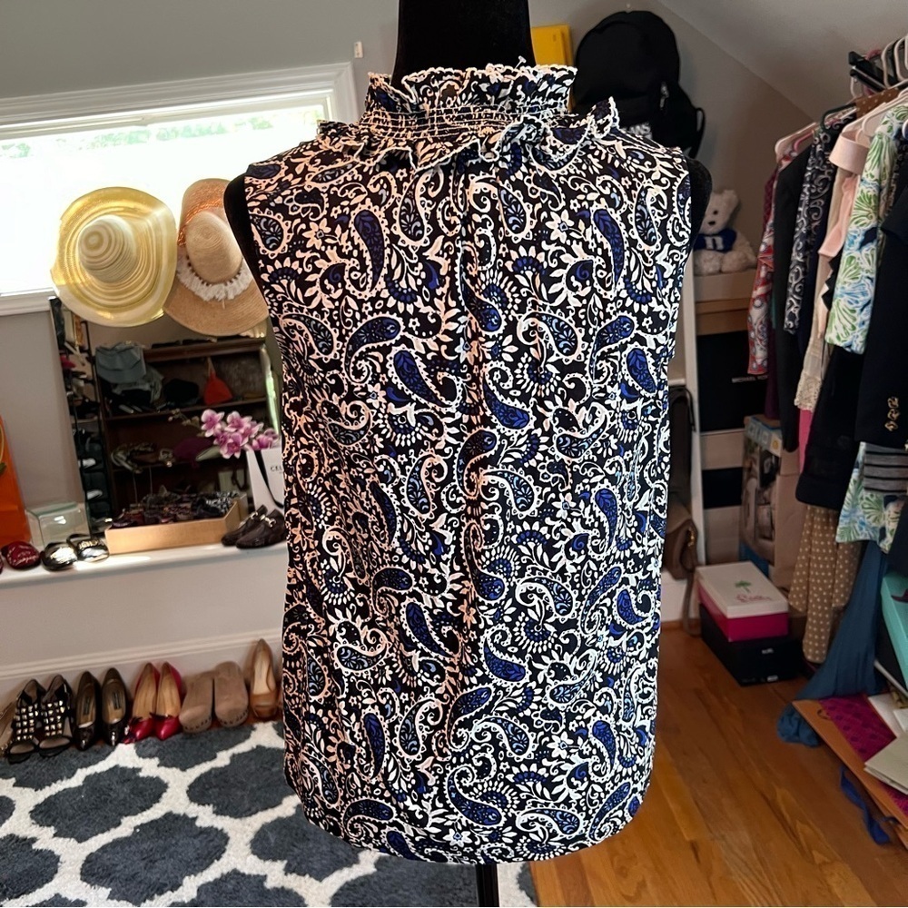 LOFT Paisley Smocked Tie Neck Mixed Media Shell - Picture 10 of 12